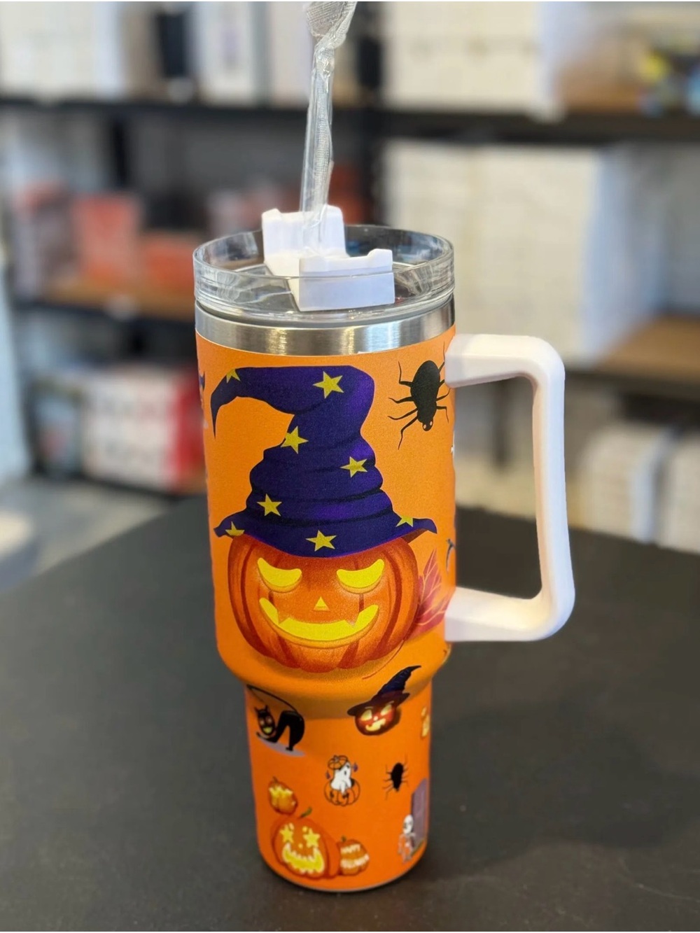 40 oz Halloween Pumpkin Travel Tumbler Mug with Handle & Straw - Orange NIB